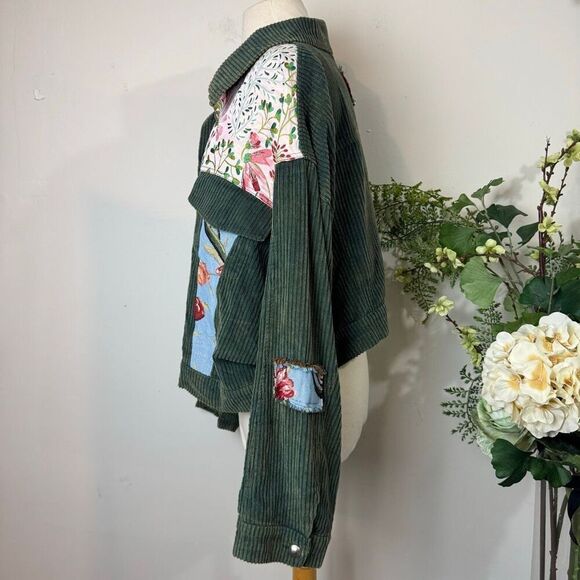 POL Corduroy Floral Patchwork Jacket | Large | Green Button Front - Picture 4 of 10